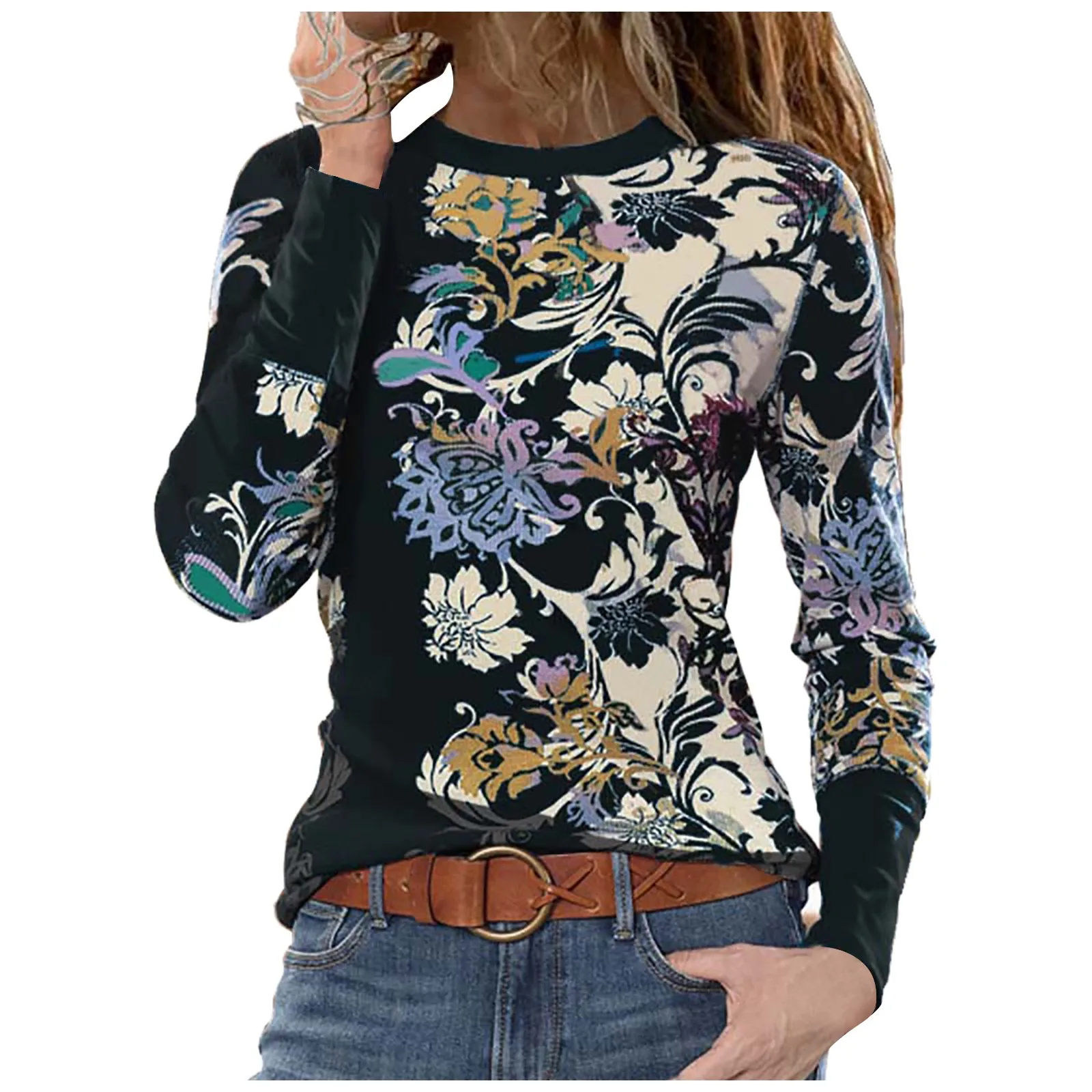 

Autumn /winter ladies fashion polyester rose print long-sleeved round neck slim T-shirt tops long-sleeved F04*